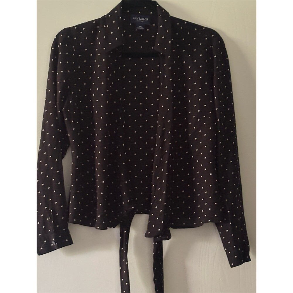 Ann Taylor Petites Blouse Womens 10P Black White Polka Dot Tie Front LS